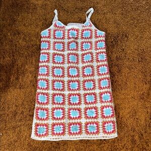 Vibrant Crochet Mini Dress in Red and Blue